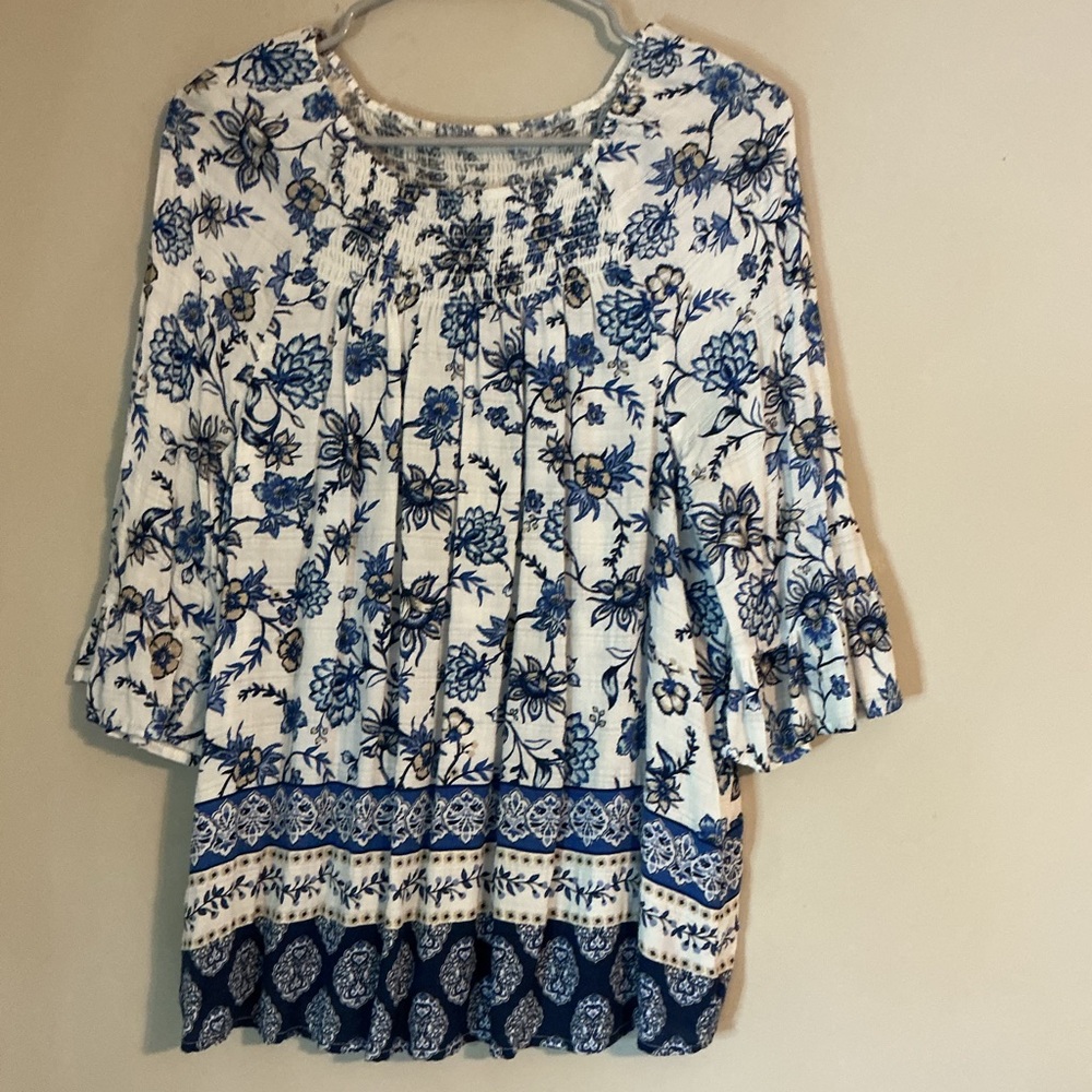 Blue White Floral Boho Blouse Medium Coastal Grandma - Picture 4 of 11
